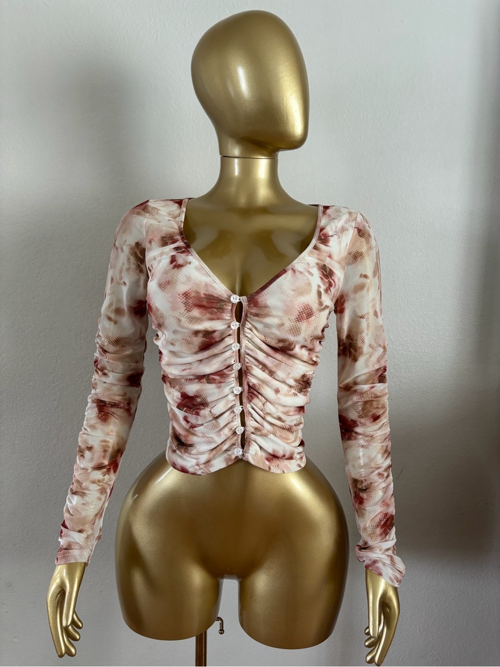 Ruched Long-Sleeve Tie-Dye V-Neck Top - Pink Cream